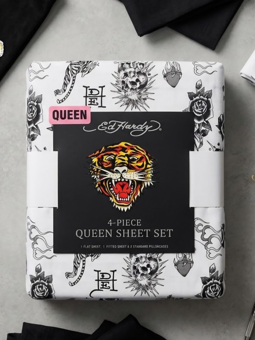 NWT Ed Hardy Queen Sheet Set Monochrome Flash Tattoo Print Skulls Tigers Roses